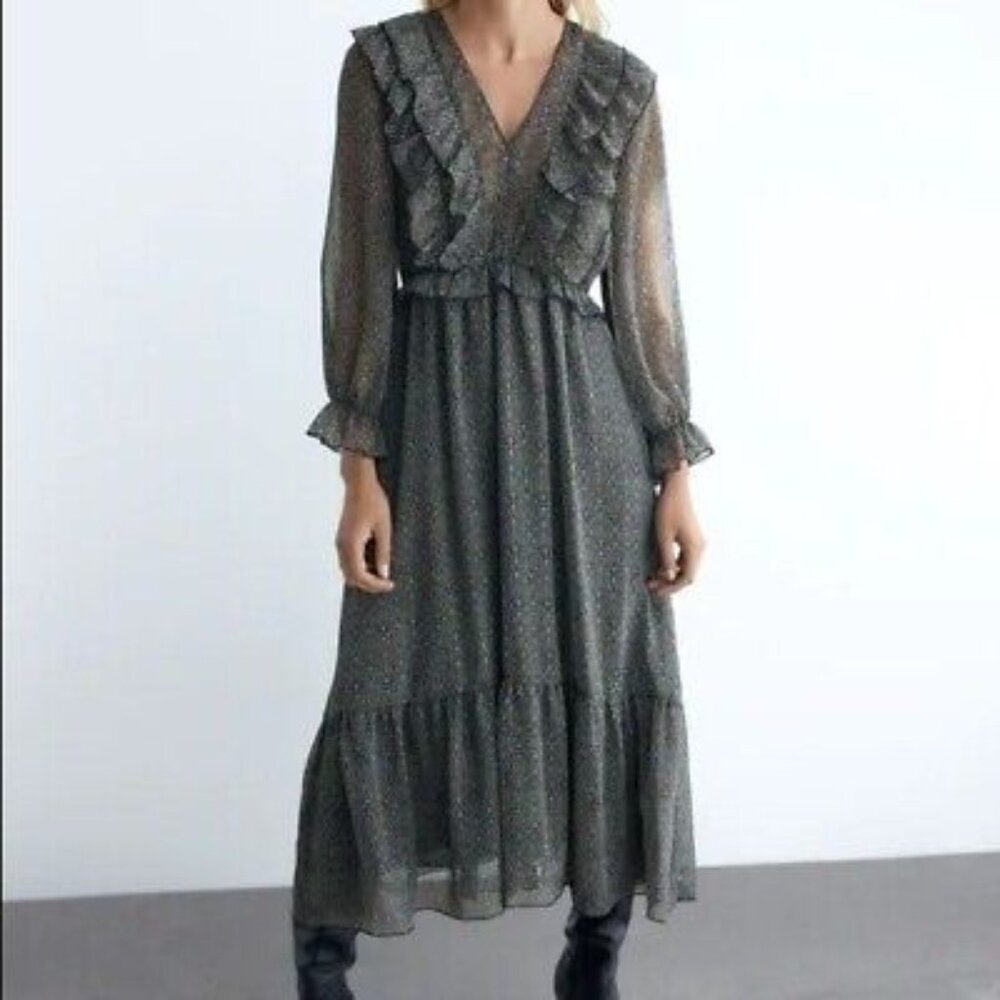 ZARA Women's Ruffle Metallic Printed Midi Dress Size S